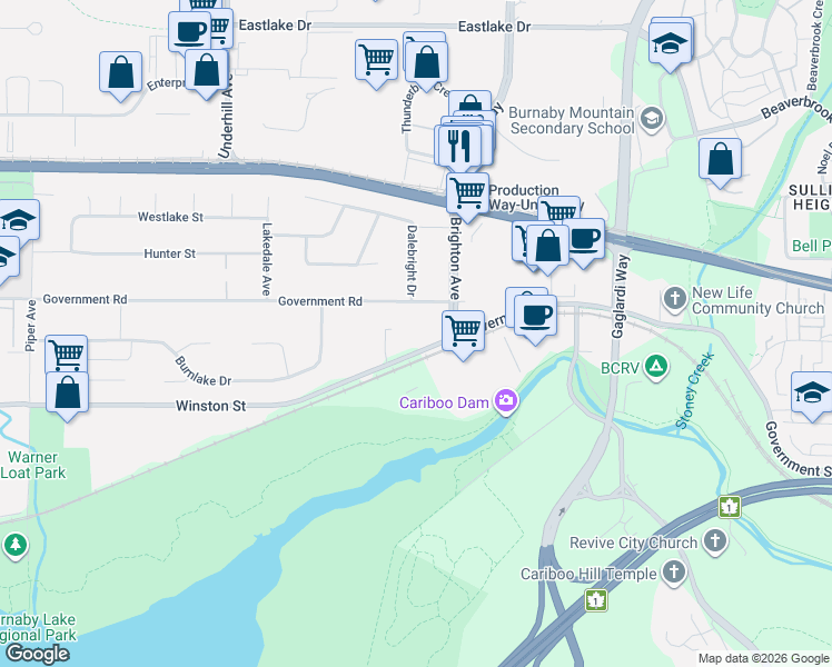 map of restaurants, bars, coffee shops, grocery stores, and more near 3625 Brighton Avenue in Burnaby