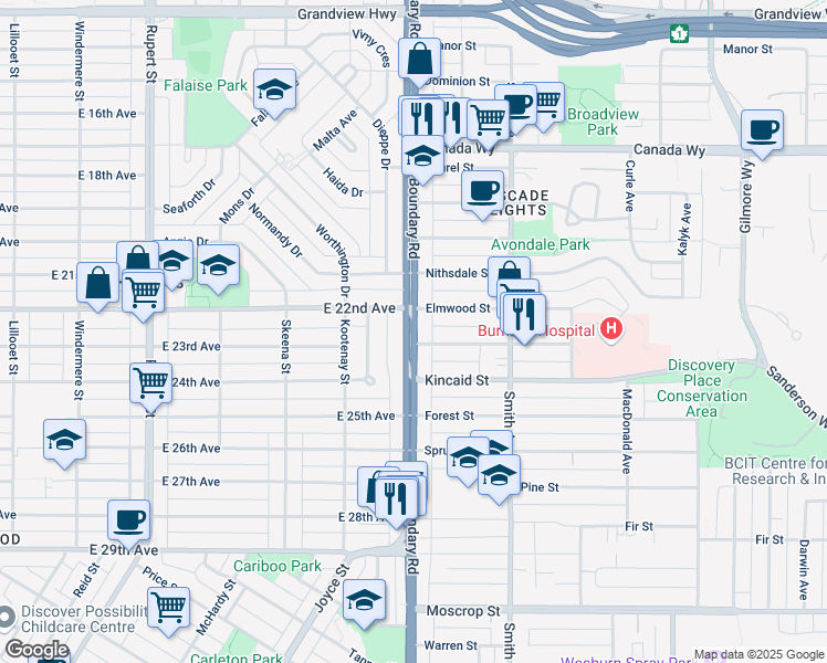 map of restaurants, bars, coffee shops, grocery stores, and more near 3850 Boundary Road in Burnaby