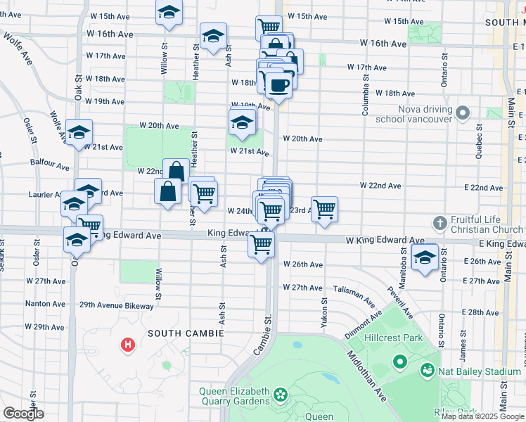 map of restaurants, bars, coffee shops, grocery stores, and more near 512 West 24th Avenue in Vancouver