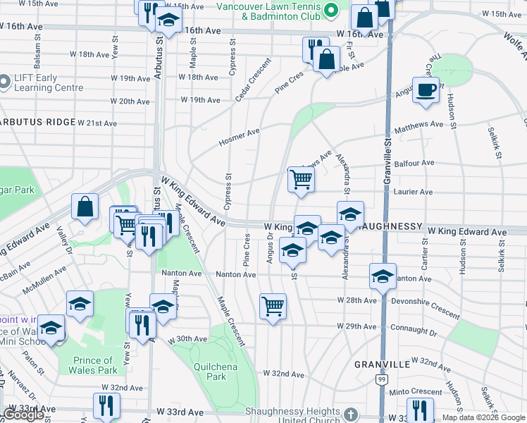 map of restaurants, bars, coffee shops, grocery stores, and more near 3989 Angus Drive in Vancouver