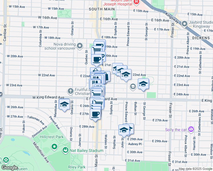 map of restaurants, bars, coffee shops, grocery stores, and more near 250 East 23rd Avenue in Vancouver