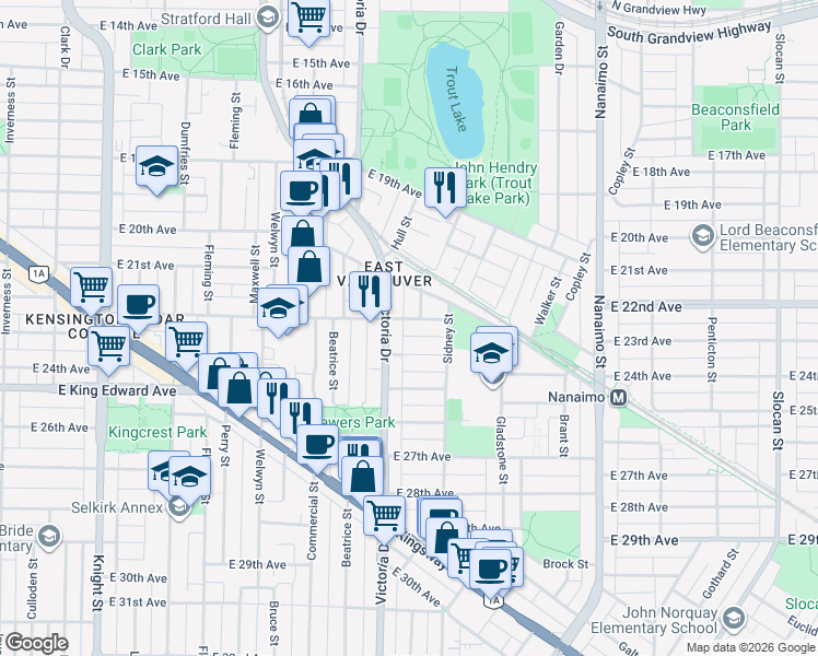 map of restaurants, bars, coffee shops, grocery stores, and more near 2032 East 22nd Avenue in Vancouver