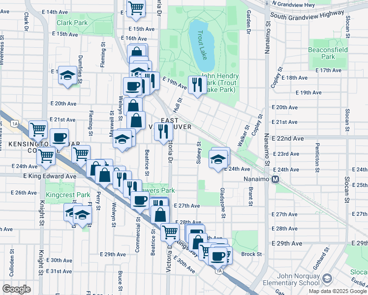 map of restaurants, bars, coffee shops, grocery stores, and more near 2044 East 22nd Avenue in Vancouver