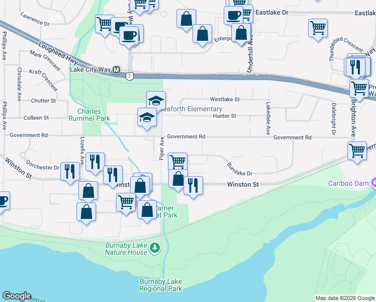 map of restaurants, bars, coffee shops, grocery stores, and more near 7969 Burnlake Drive in Burnaby