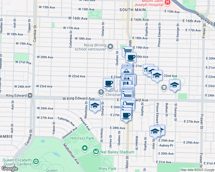 map of restaurants, bars, coffee shops, grocery stores, and more near 7 East 23rd Avenue in Vancouver