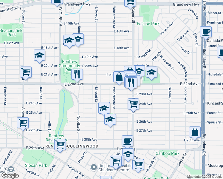 map of restaurants, bars, coffee shops, grocery stores, and more near 3849 Windermere Street in Vancouver