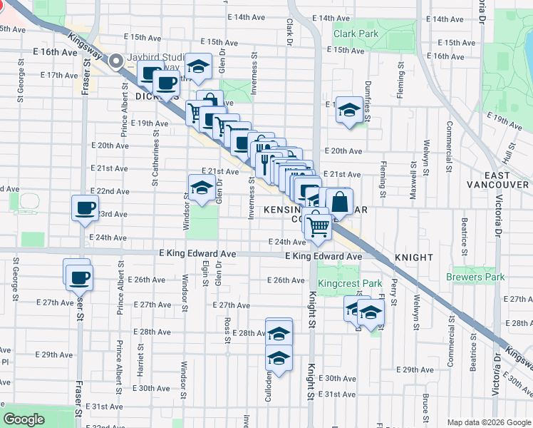 map of restaurants, bars, coffee shops, grocery stores, and more near 1247 East 23rd Avenue in Vancouver