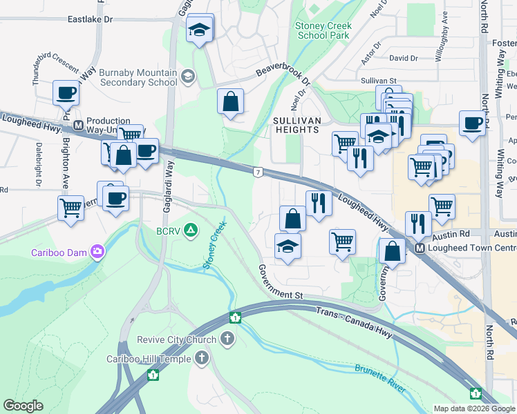 map of restaurants, bars, coffee shops, grocery stores, and more near 8851 Horne Street in Burnaby