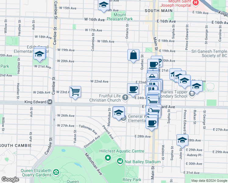 map of restaurants, bars, coffee shops, grocery stores, and more near 79 West 23rd Avenue in Vancouver