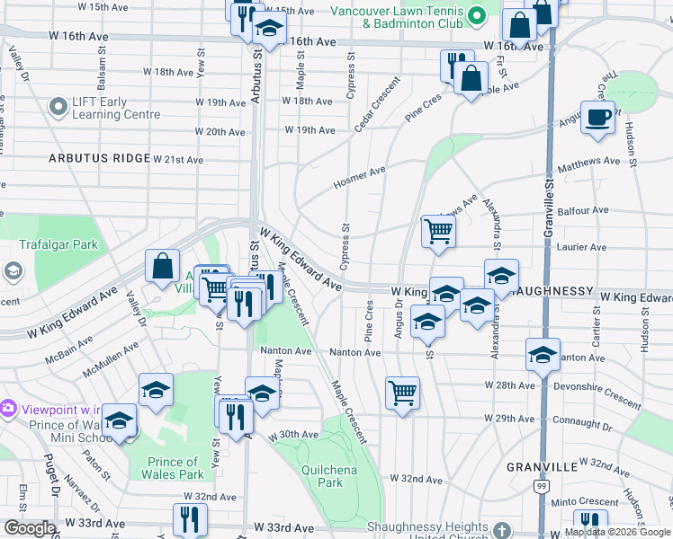 map of restaurants, bars, coffee shops, grocery stores, and more near 4051 Cypress Street in Vancouver