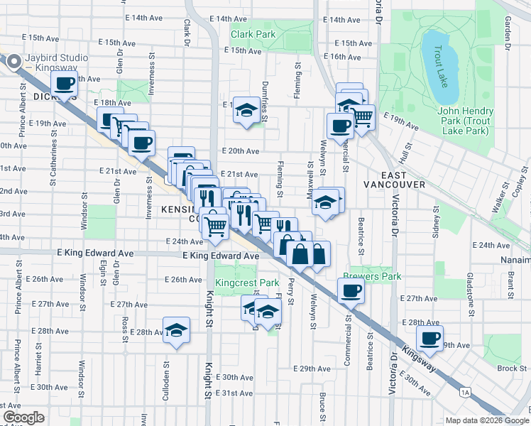 map of restaurants, bars, coffee shops, grocery stores, and more near 3914 Dumfries Street in Vancouver