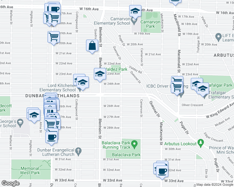 map of restaurants, bars, coffee shops, grocery stores, and more near 3219 West King Edward Avenue in Vancouver