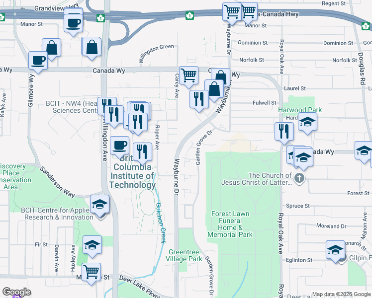 map of restaurants, bars, coffee shops, grocery stores, and more near 4742 Laurelwood Place in Burnaby
