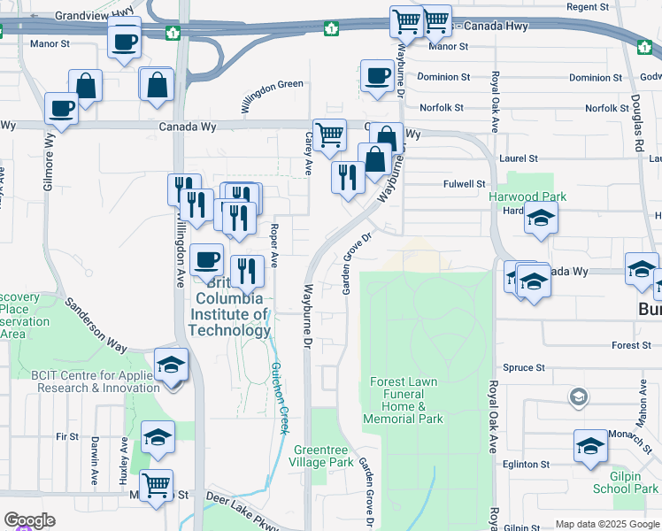 map of restaurants, bars, coffee shops, grocery stores, and more near 4742 Laurelwood Place in Burnaby