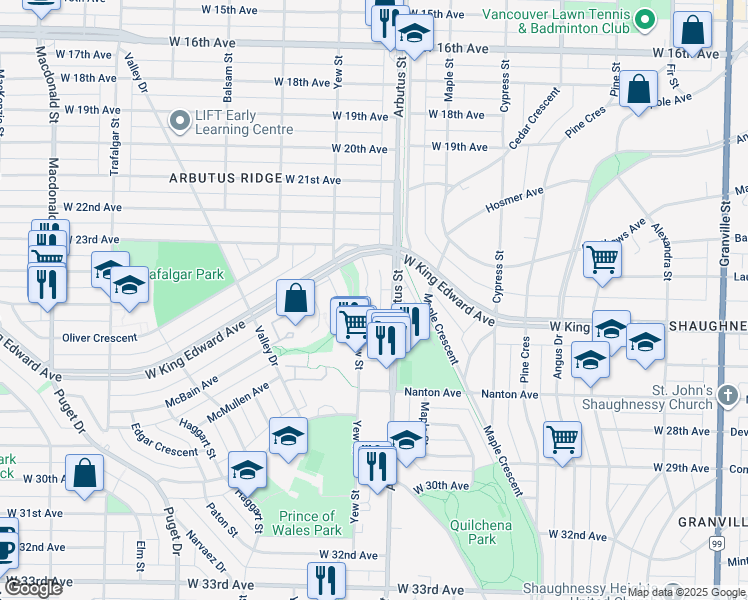 map of restaurants, bars, coffee shops, grocery stores, and more near 4035 Springtree Drive in Vancouver