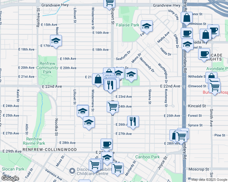 map of restaurants, bars, coffee shops, grocery stores, and more near 3838 Rupert Street in Vancouver