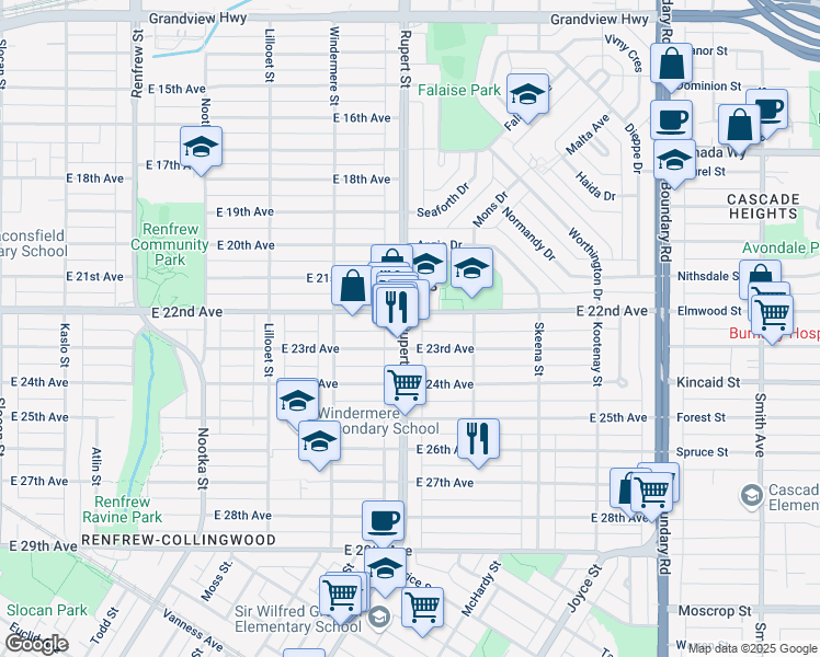 map of restaurants, bars, coffee shops, grocery stores, and more near 3838 Rupert Street in Vancouver