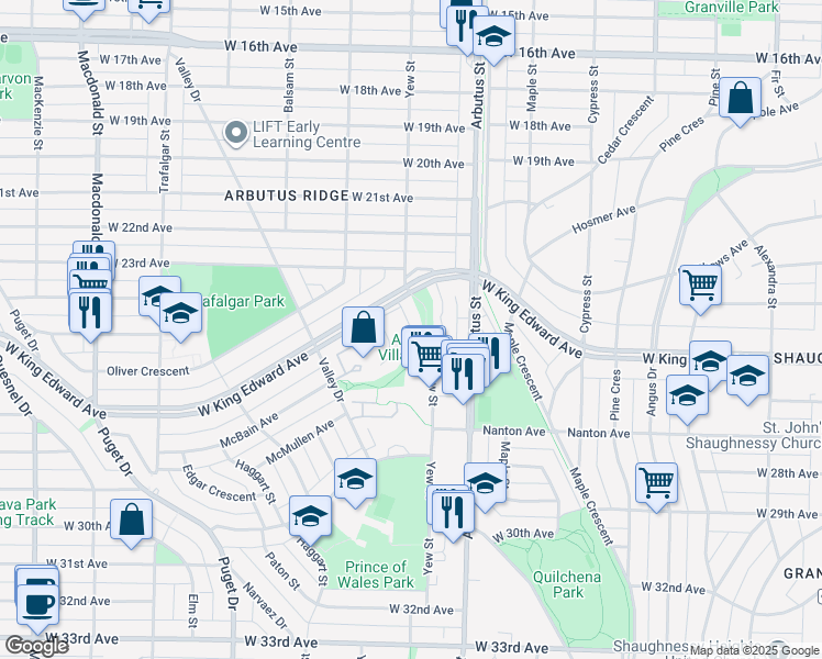 map of restaurants, bars, coffee shops, grocery stores, and more near 4101 Yew Street in Vancouver