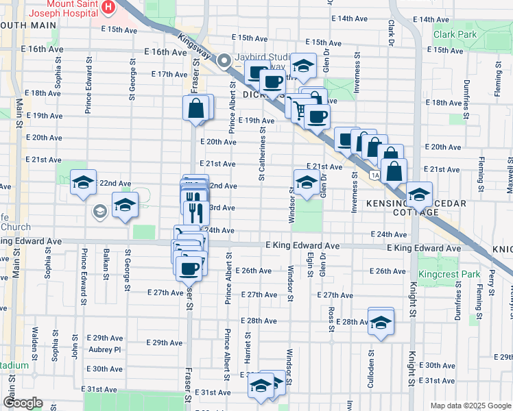 map of restaurants, bars, coffee shops, grocery stores, and more near 3849 Saint Catherines Street in Vancouver