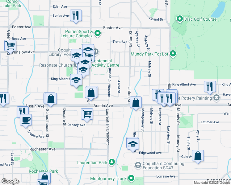 map of restaurants, bars, coffee shops, grocery stores, and more near 528 Ascot Street in Coquitlam