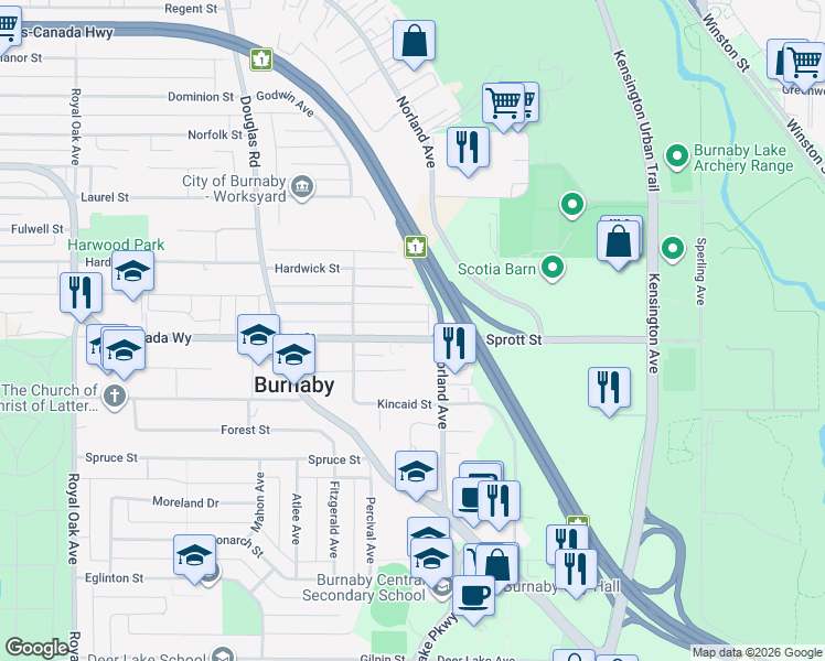 map of restaurants, bars, coffee shops, grocery stores, and more near 6071 Sprott Street in Burnaby