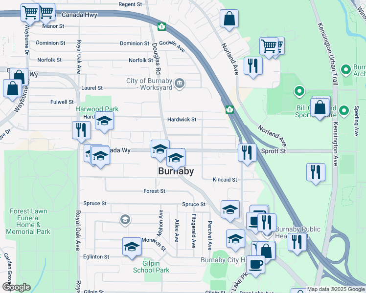 map of restaurants, bars, coffee shops, grocery stores, and more near 5761 Sprott Street in Burnaby