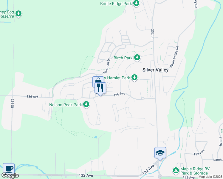 map of restaurants, bars, coffee shops, grocery stores, and more near 22970 136 A Avenue in Maple Ridge