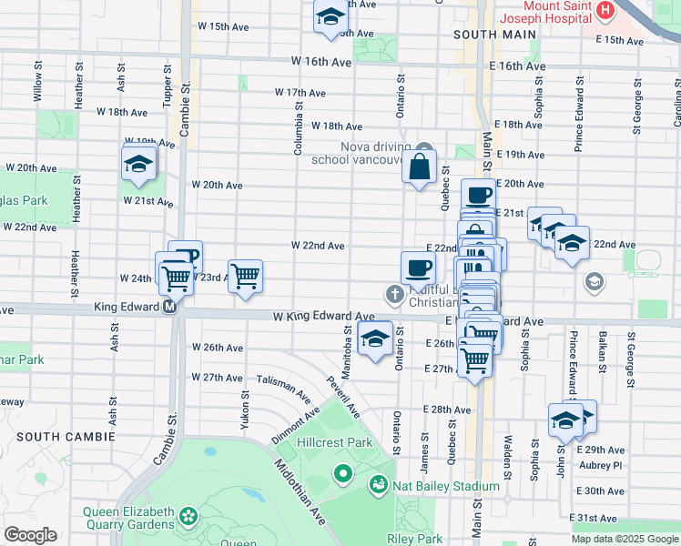 map of restaurants, bars, coffee shops, grocery stores, and more near 107 West 23rd Avenue in Vancouver