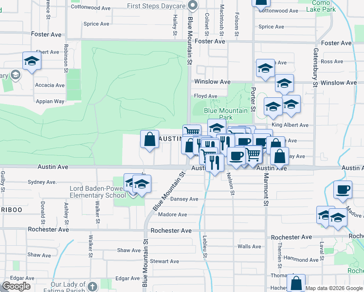 map of restaurants, bars, coffee shops, grocery stores, and more near 518 Blue Mountain Street in Coquitlam