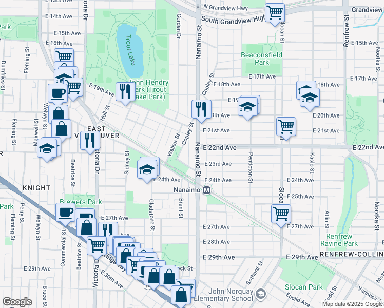 map of restaurants, bars, coffee shops, grocery stores, and more near 3845 Nanaimo Street in Vancouver