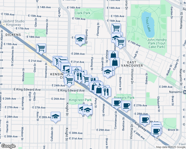 map of restaurants, bars, coffee shops, grocery stores, and more near 1568 East 22nd Avenue in Vancouver