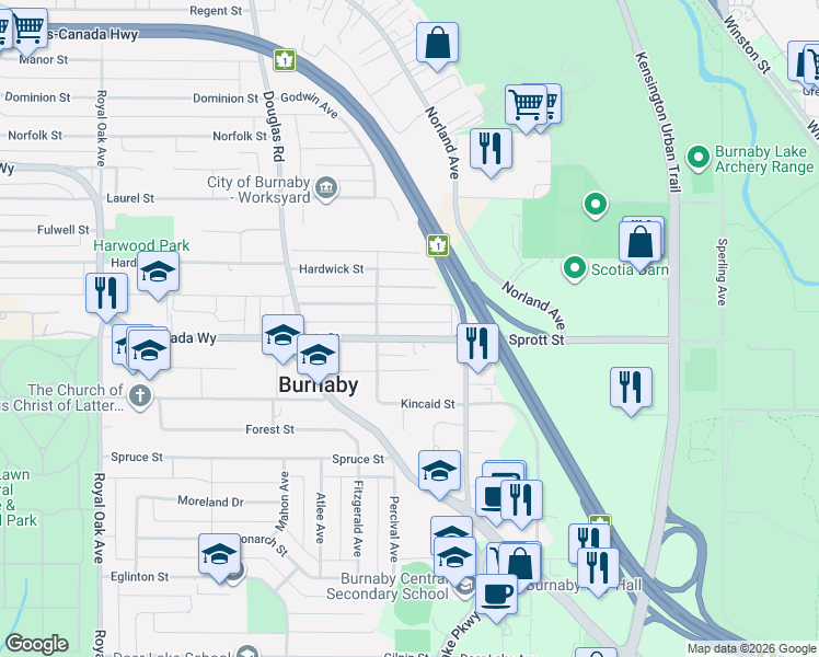 map of restaurants, bars, coffee shops, grocery stores, and more near 5983 Sprott Street in Burnaby