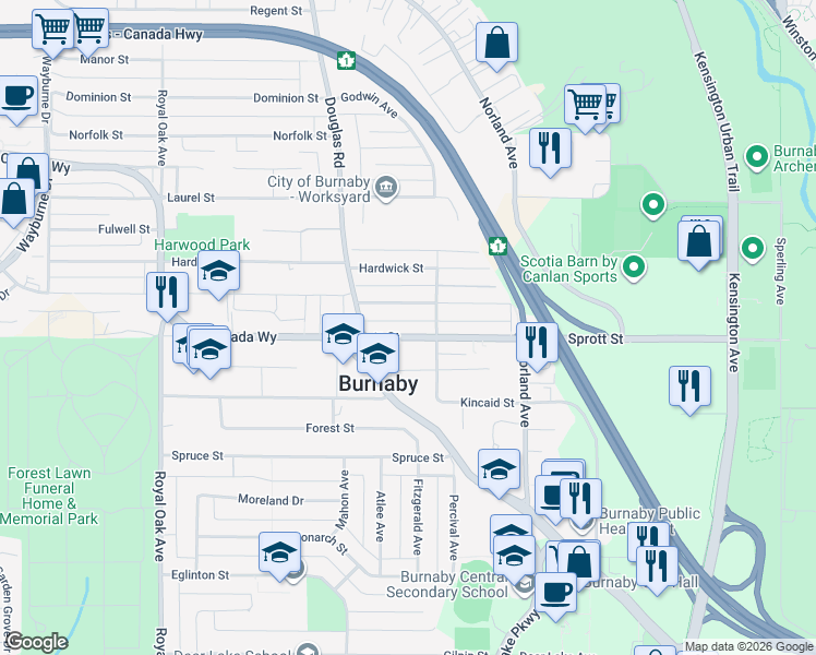 map of restaurants, bars, coffee shops, grocery stores, and more near 5811 Sprott Street in Burnaby