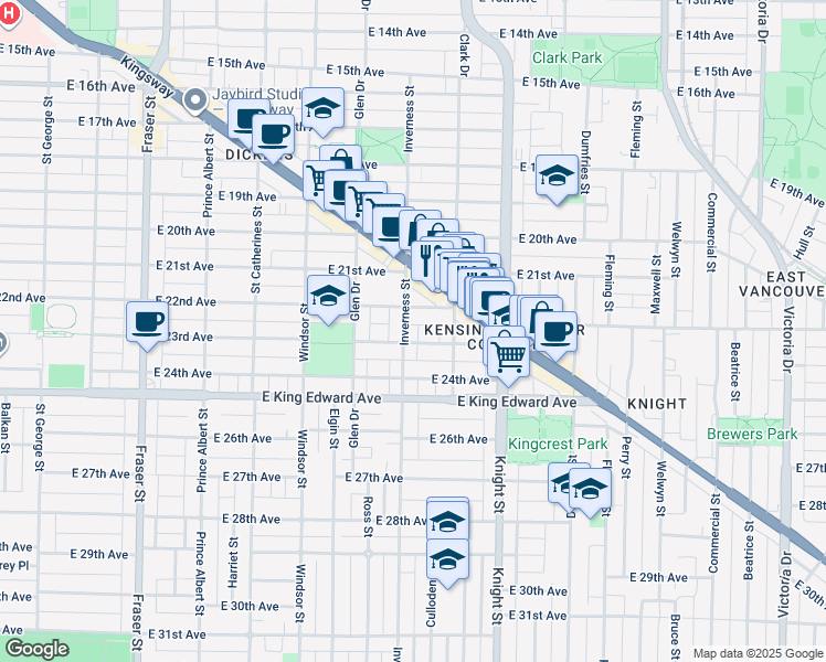 map of restaurants, bars, coffee shops, grocery stores, and more near 3838 Inverness Street in Vancouver