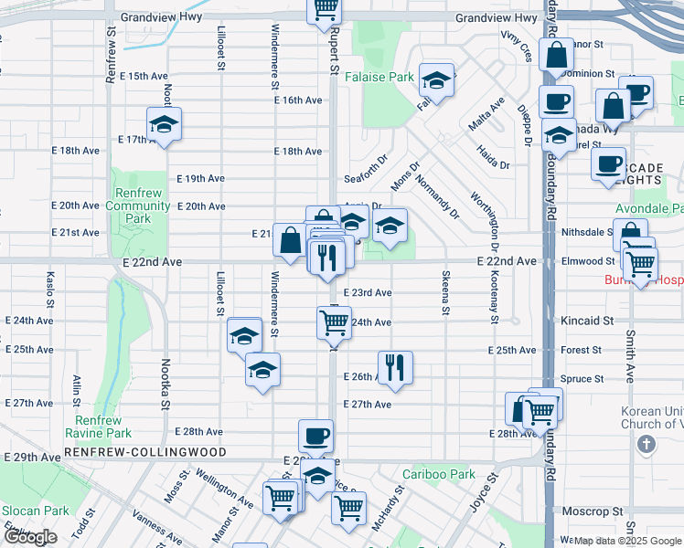 map of restaurants, bars, coffee shops, grocery stores, and more near in Vancouver
