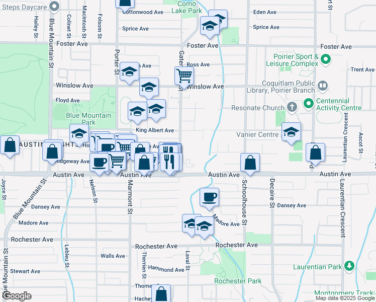 map of restaurants, bars, coffee shops, grocery stores, and more near 523 Gatensbury Street in Coquitlam