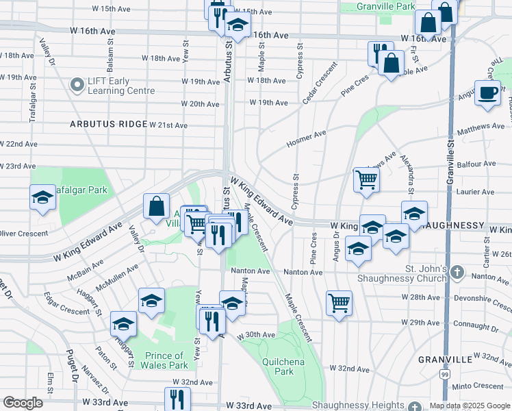 map of restaurants, bars, coffee shops, grocery stores, and more near 1976 West King Edward Avenue in Vancouver