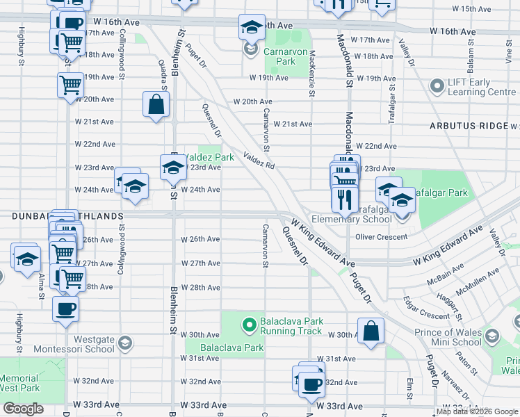 map of restaurants, bars, coffee shops, grocery stores, and more near 3033 West King Edward Avenue in Vancouver