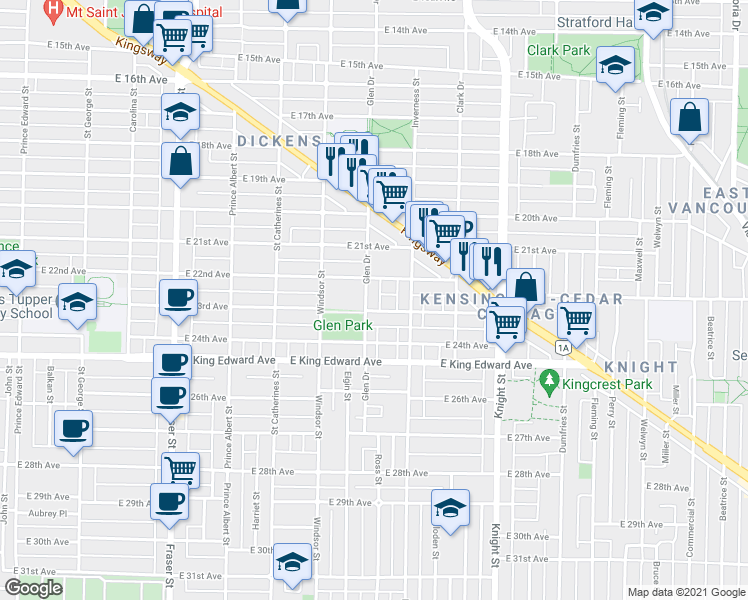 map of restaurants, bars, coffee shops, grocery stores, and more near 3872 Glen Drive in Vancouver
