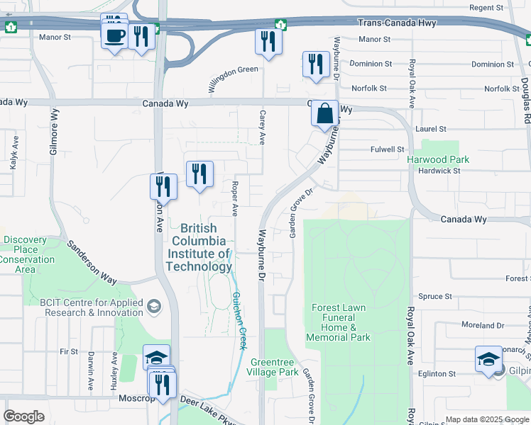 map of restaurants, bars, coffee shops, grocery stores, and more near 3941 Wayburne Drive in Burnaby