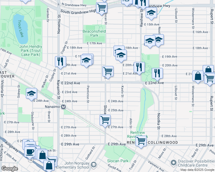 map of restaurants, bars, coffee shops, grocery stores, and more near 3832 Slocan Street in Vancouver