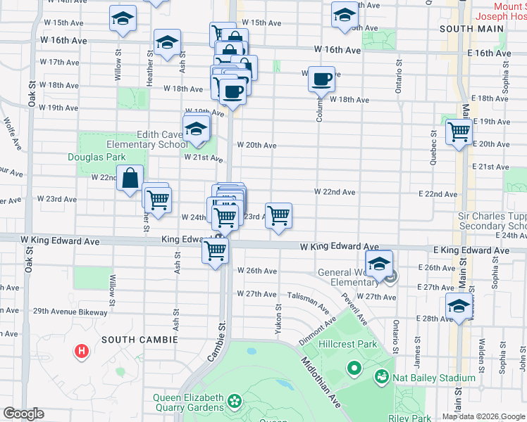 map of restaurants, bars, coffee shops, grocery stores, and more near 419 West 23rd Avenue in Vancouver