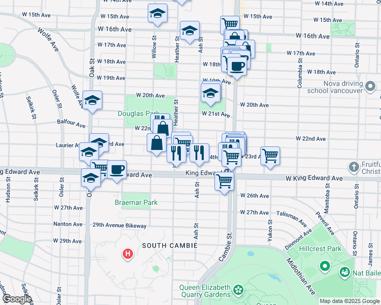map of restaurants, bars, coffee shops, grocery stores, and more near 637 West 24th Avenue in Vancouver