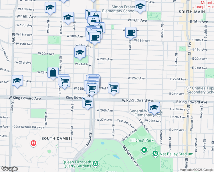 map of restaurants, bars, coffee shops, grocery stores, and more near 419 West 23rd Avenue in Vancouver