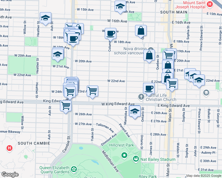 map of restaurants, bars, coffee shops, grocery stores, and more near in Vancouver