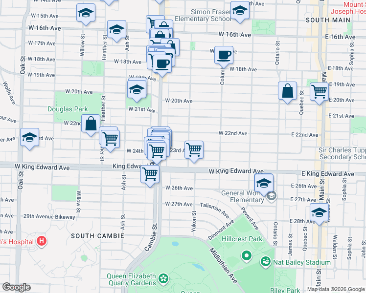 map of restaurants, bars, coffee shops, grocery stores, and more near 419 West 23rd Avenue in Vancouver