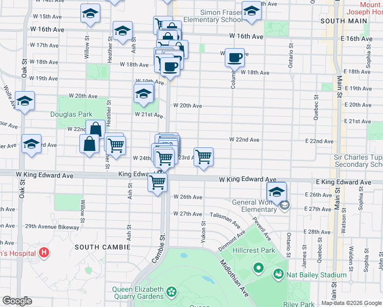 map of restaurants, bars, coffee shops, grocery stores, and more near 421 West 23rd Avenue in Vancouver