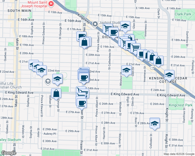 map of restaurants, bars, coffee shops, grocery stores, and more near 3870 Prince Albert Street in Vancouver