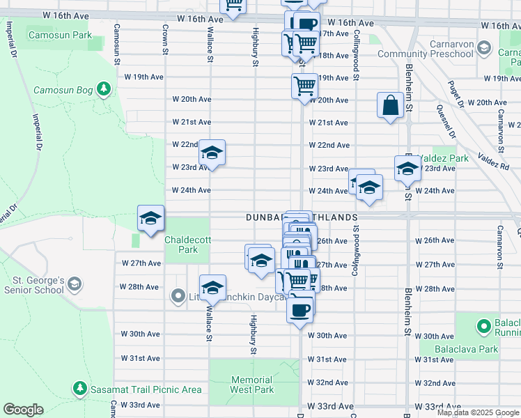 map of restaurants, bars, coffee shops, grocery stores, and more near 3781 West King Edward Avenue in Vancouver