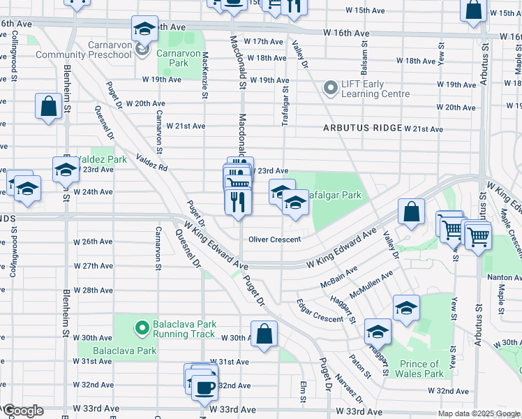map of restaurants, bars, coffee shops, grocery stores, and more near 2755 Alamein Avenue in Vancouver